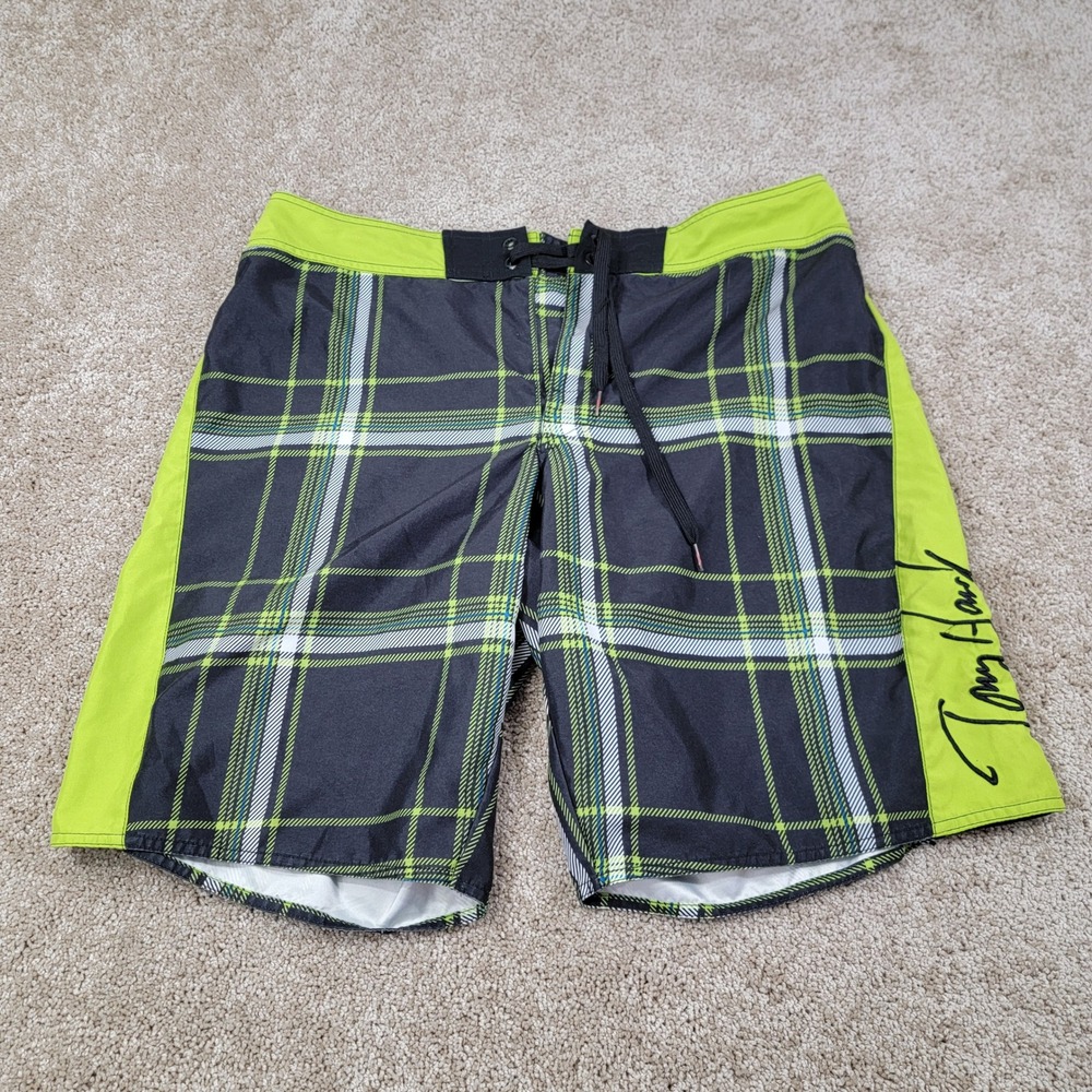 Tony Hawk Plaid Swim Trunks Board Shorts Drawstring Closure Size 36